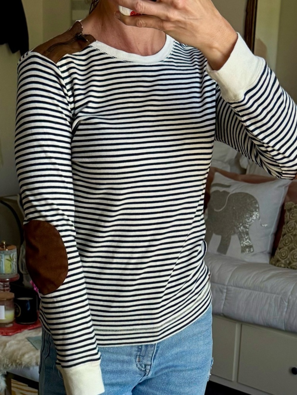 Lauren Ralph Lauren Striped Nautical Zip Shoulder Elbow Patch Top S/P